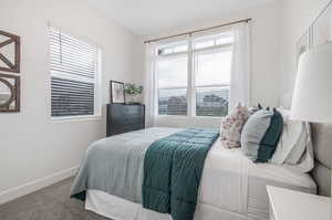 Carpeted bedroom featuring multiple windows