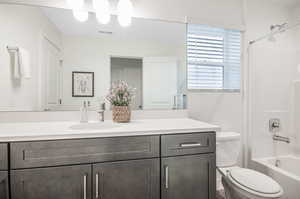 Full bathroom featuring shower / bath combination, vanity, and toilet