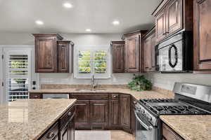 Kitchen featuring stainless steel gas range, dark brown cabinetry, a healthy amount of sunlight, and sink