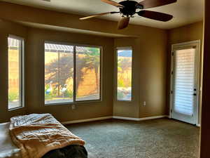 Interior space featuring carpet flooring and ceiling fan