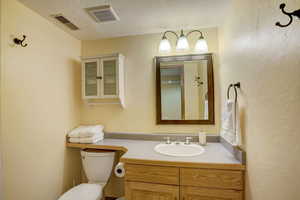 Bathroom featuring a textured ceiling, vanity, and toilet