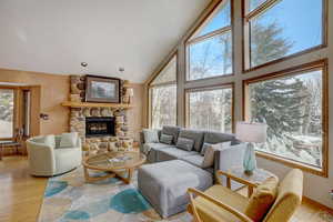 Living room featuring a stone fireplace, light hardwood / wood-style flooring, and high vaulted ceiling