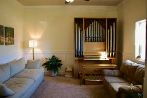 Carpeted living room featuring ceiling fan and crown molding