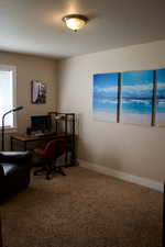 Carpeted home office with a textured ceiling