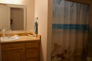 Bathroom with a shower with curtain and vanity