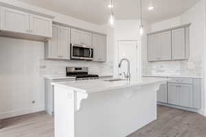 Kitchen with stainless steel appliances, sink, decorative light fixtures, and an island with sink