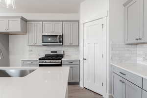 Kitchen with sink, light hardwood / wood-style flooring, gray cabinets, backsplash, and stainless steel appliances