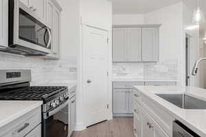 Kitchen featuring sink, tasteful backsplash, decorative light fixtures, light wood-type flooring, and stainless steel appliances