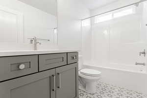 Full bathroom featuring shower / washtub combination, toilet, and vanity