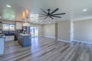 Kitchen with light hardwood / wood-style floors, a kitchen island, stainless steel appliances, ceiling fan, and decorative light fixtures