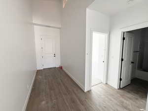 Hall with a high ceiling and light wood-type flooring