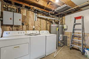 Washroom featuring water heater and washing machine and dryer