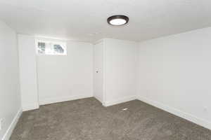 Carpeted spare room with a textured ceiling