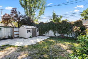 View of yard featuring a storage unit and a patio area