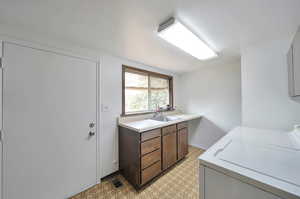 Main floor Laundry with sink and back door.