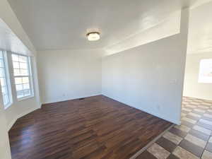 Empty room featuring lofted ceiling, baseboards, and dark wood-type flooring