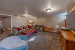 Carpeted living room featuring a textured ceiling