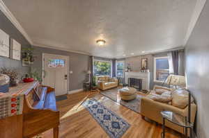 Living room with ornamental molding, light wood-type flooring, and a textured ceiling