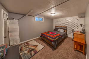 Carpeted bedroom featuring a textured ceiling