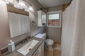 Bathroom featuring a textured ceiling, curtained shower, vanity, and toilet