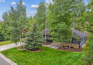 View of property hidden behind natural elements featuring a front lawn