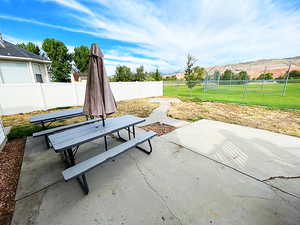 View of patio / terrace featuring a mountain view