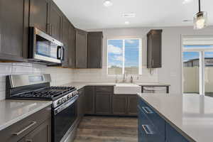 Kitchen with stainless steel appliances, backsplash, dark wood-style flooring, dark brown cabinets, and recessed lighting