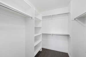 Walk in closet with dark colored carpet