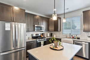 Kitchen with stainless steel appliances and dark brown cabinetry