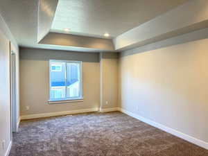 Carpeted empty room with a textured ceiling and a tray ceiling