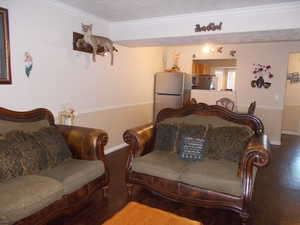 Living room with a textured ceiling, ornamental molding, and hardwood / wood-style flooring