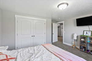 Carpeted bedroom featuring a closet and a textured ceiling