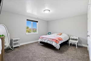 Carpeted bedroom featuring a textured ceiling