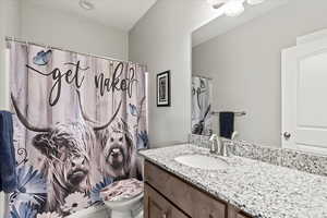 Bathroom with vanity, toilet, and a shower with shower curtain