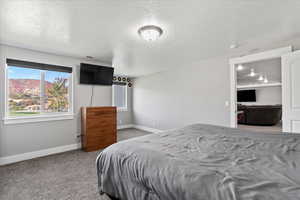 Bedroom featuring light colored carpet and a textured ceiling