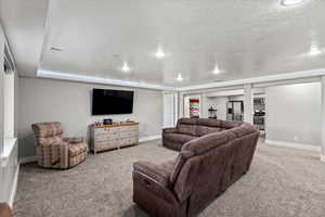 Living room featuring a textured ceiling and carpet