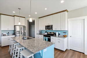 Kitchen featuring sink, appliances with stainless steel finishes, dark wood-type flooring, and white cabinetry