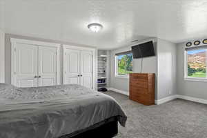 Carpeted bedroom featuring multiple closets and a textured ceiling