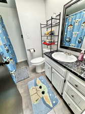 Bathroom featuring wood-type flooring, vanity, and toilet