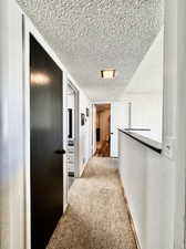 Hall featuring light carpet and a textured ceiling