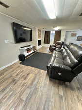 Living room featuring wood-type flooring and a fireplace