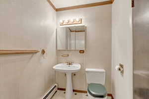 Bathroom featuring wooden walls, ornamental molding, and toilet