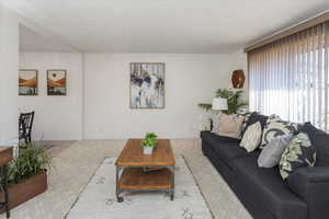 Living room with light carpet and a textured ceiling