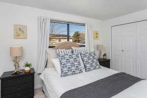 Carpeted bedroom with a closet