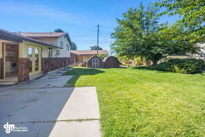 View of yard featuring a patio and a storage sheds