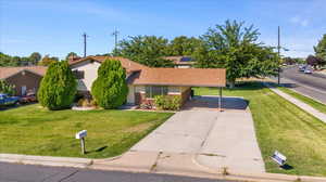 Ranch-style home featuring a carport and a front yard