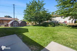 View of back yard featuring a shed