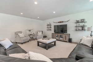 Living room featuring light carpet