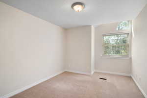 Carpeted spare room featuring a textured ceiling and plenty of natural light