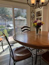 Dining room featuring an inviting chandelier, a wealth of natural light, wood-type flooring, and built in features